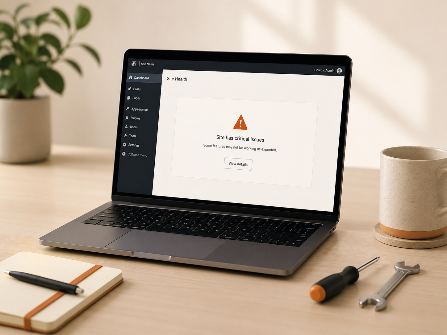 Ruhiger Arbeitsplatz mit Laptop und WordPress-Fehleranzeige